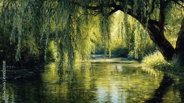 Fototapeta Serene weeping willow reflections on a tranquil, light-dappled river surface