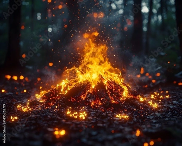 Fototapeta A roaring bonfire in a dense forest with glowing embers dancing in the air
