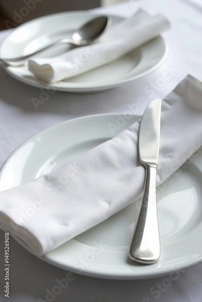 Fototapeta Elegant silver cutlery, crisp napkin, pristine tablecloth , place setting, meal, background