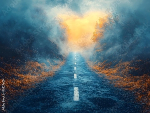 Fototapeta Two paths diverging in a misty forest landscape