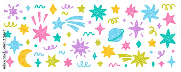 Fototapeta Chalk pencil stars and sparkles doodle set. Crayon moon, twinkle, blink, firework, glitter silhouette and glowing symbols in sketch style, Hand drawn vector illustration isolated on white background