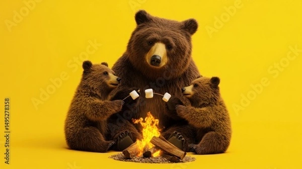 Obraz Bear family roasting marshmallows by campfire