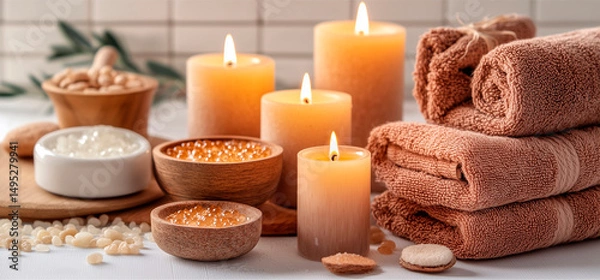 Fototapeta Spa materials, towel, candles, salts and essential oils for aromatherapy.