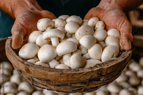 Obraz A hand harvesting fresh white mushrooms. Generative AI