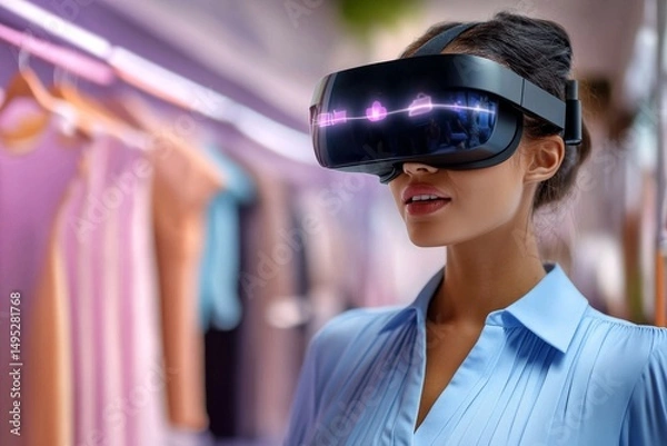 Obraz Woman in vr glasses choosing clothes. Generative AI