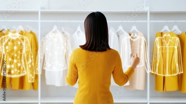 Fototapeta AI in Everyday Life Assistant. Hyper Personalization AI Technology Enhances Shopping Experience in Everyday Life with Virtual Clothing Displays for Savvy Shoppers