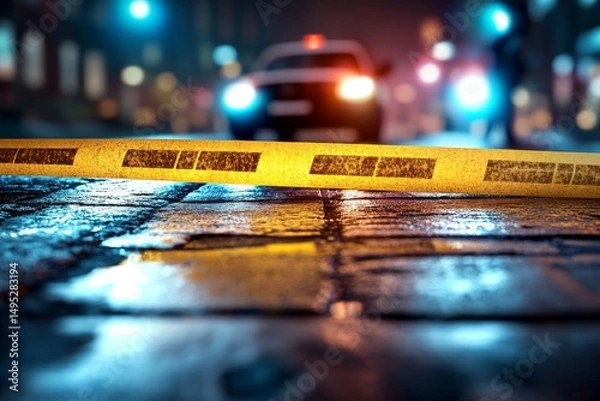 Obraz A police crime scene at night, yellow tape barrier. Generative AI
