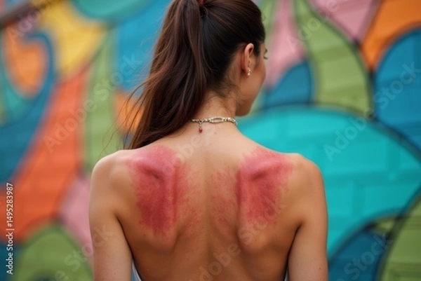 Fototapeta Woman with Sunburn Standing in Front of Vibrant Mural of Colors