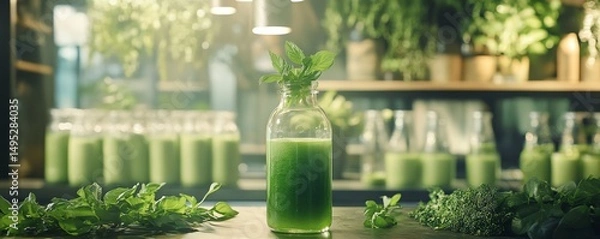 Fototapeta A refreshing glass bottle filled with vibrant green juice, garnished with fresh herbs, perfect for health enthusiasts.