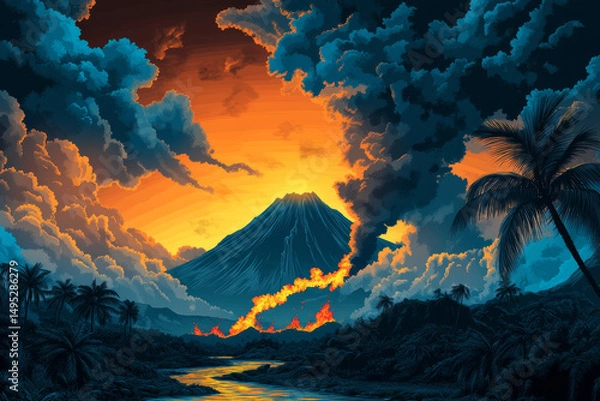 Fototapeta A powerful volcanic eruption at twilight. Generative AI