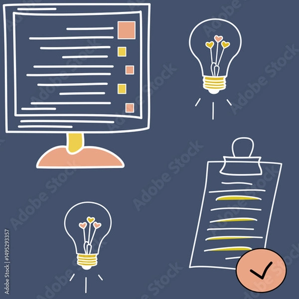 Fototapeta Seamless pattern with a computer monitor, glowing light bulbs, and checklist. Stylish dark background, perfect for productivity tools and freelance design.