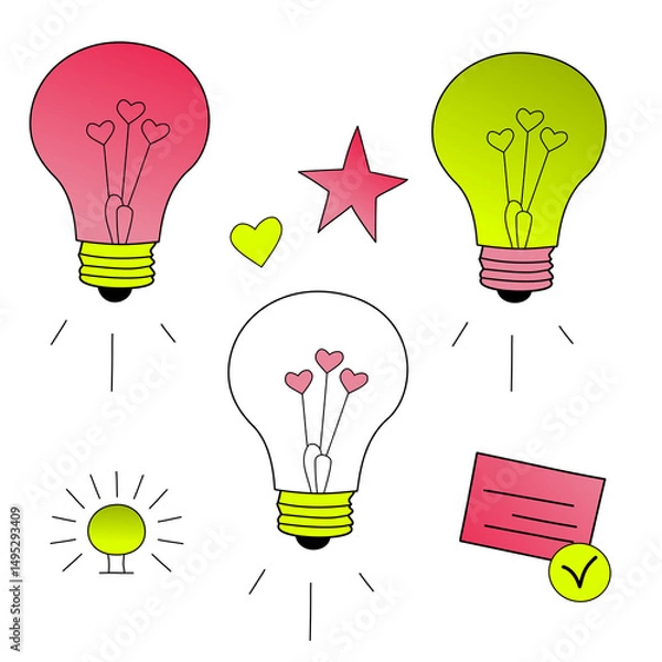 Fototapeta Adorable set with pink and yellow light bulbs, hearts, stars, and checklist icons. Perfect for newborn girl themes, baby shower invitations, and nursery decor.