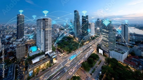 Fototapeta Smart city at dusk with digital connectivity and skyscrapers