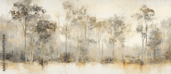 Fototapeta An ethereal and tranquil vista: Impressionistic portrayal of trees shrouded in mist