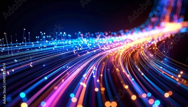Obraz Colorful, glowing light trails stream across a dark background, representing high-speed data, fiber optics, or digital technology.