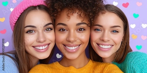 Fototapeta a realistic image of friends on a video call with colorful filters and reactions