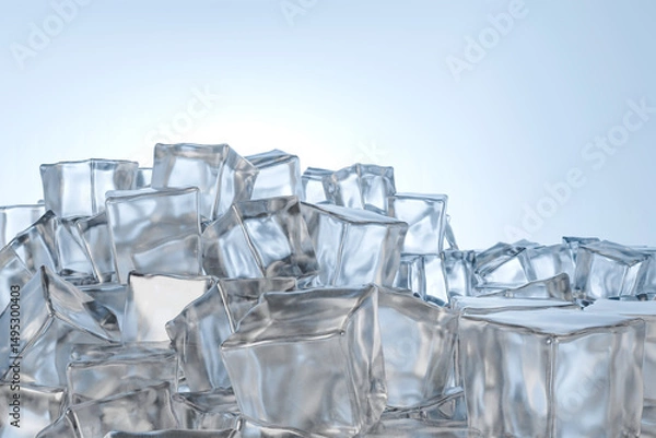 Fototapeta Close-Up Pile of Clear Ice Cubes on a Soft Blue Background