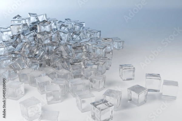Fototapeta Scattered Clear Ice Cubes on a Light Surface with Subtle Shadows