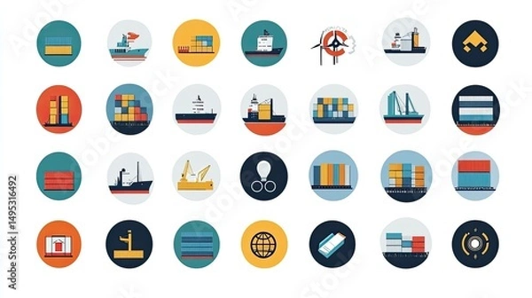 Fototapeta Flat icon pack with global trade and logistics, featuring cargo ships, shipping containers, international routes, and customs procedures in a clean, professional style