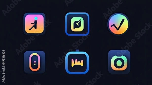 Obraz Six square app icons are arranged in two rows. The icons use a gradient of yellow, orange, pink, and blue in a dark user interface, with symbols for activity, time, checkmarks, and other functions