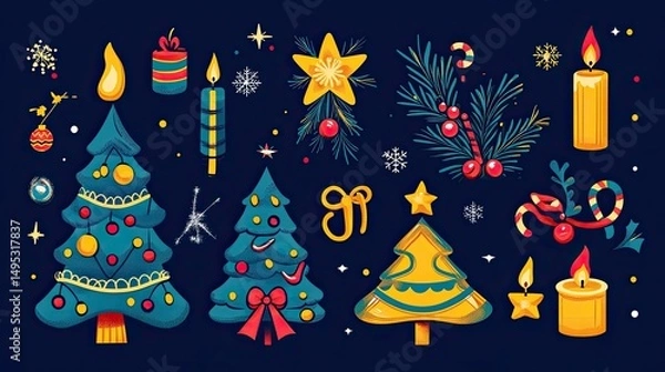 Fototapeta Seasonal clip art features illustrations of decorated trees, candles, ornaments, and snowflakes in a festive color scheme on a dark blue background. Ideal for creating seasonal social media posts
