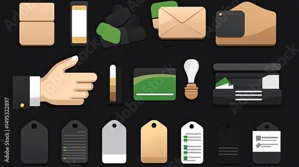 Fototapeta Here's a description of the image: A collection of vector icons against a black background. The icons include objects related to business and organization like envelopes, tags, a printer, and a lightb
