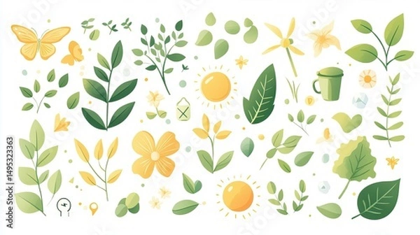 Fototapeta Floral stock image featuring leaves, flowers, butterflies, and suns. This illustrative design may be useful for decorating websites, blogs, and printed materials