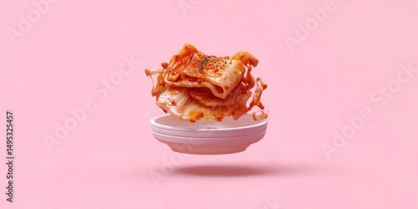 Fototapeta Cute and Chunky Kimchi Portion with Colorful Sauce on Pink Background