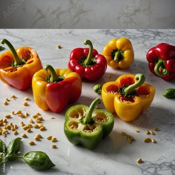 Obraz "An arrangement of raw, colorful bell peppers—red, yellow, green—on a marble countertop, sliced open to reveal seeds and inner flesh, bright natural light for a clean, healthy kitchen feel"