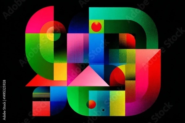 Fototapeta Vibrant geometric composition with colorful shapes and patterns against a black background