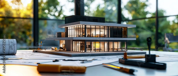 Fototapeta Modern architectural model of a luxury house with glass walls, warm interior lighting, and minimalist design. Real estate, architecture, or design concept visuals.