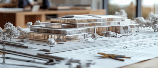 Fototapeta Modern architectural model of a luxury house with glass walls, warm interior lighting, and minimalist design. Real estate, architecture, or design concept visuals.