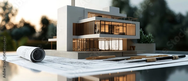 Fototapeta Modern architectural mini 3d model of a luxury house with glass walls and warm lighting, placed on a desk with design tools and blueprints. Real estate or architecture background.