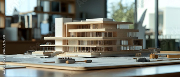 Fototapeta Modern mini architectural model of a luxury house on a design table, with blueprints and tools in the foreground. Ideal for architecture, real estate, or design-themed projects.