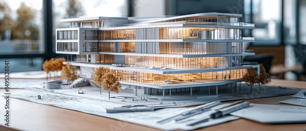 Fototapeta Modern mini architectural model of a luxury house on a design table, with blueprints and tools in the foreground. Ideal for architecture, real estate, or design-themed projects.