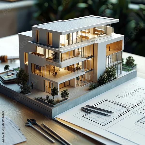 Fototapeta Modern mini architectural model of a luxury house with glass walls and warm lighting, displayed on a desk with blueprints and design tools. Realestate background.