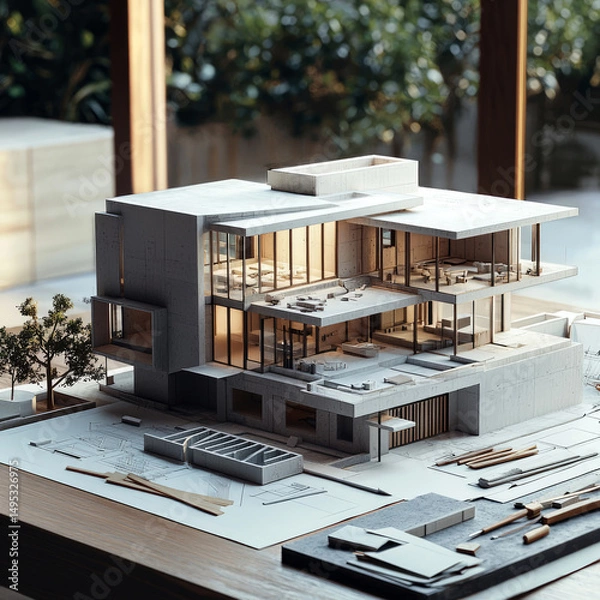 Fototapeta Modern mini architectural model of a luxury house on a design table, with blueprints and tools in the foreground. Ideal for architecture, real estate, or design-themed projects.