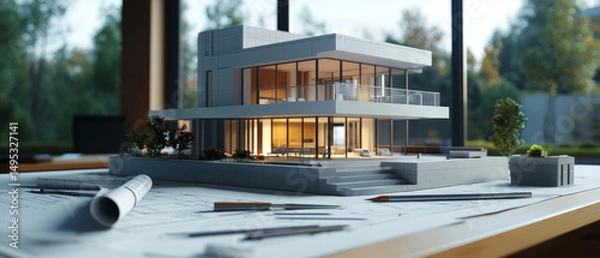 Fototapeta Modern mini architectural model of a luxury house on a design table, with blueprints and tools in the foreground. Ideal for architecture, real estate, or design-themed projects.