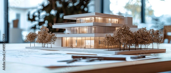 Fototapeta Modern mini architectural model of a luxury house on a design table, with blueprints and tools in the foreground. Ideal for architecture, real estate, or design-themed projects.