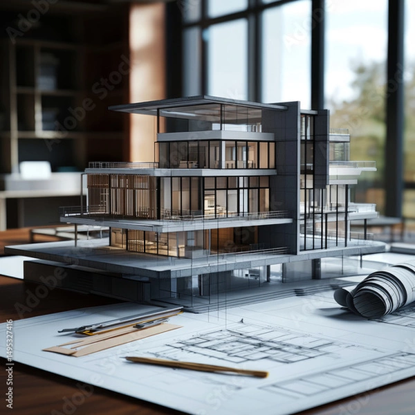 Fototapeta Modern mini architectural model of a luxury house with glass walls and warm lighting, displayed on a desk with blueprints and design tools. Realestate background.
