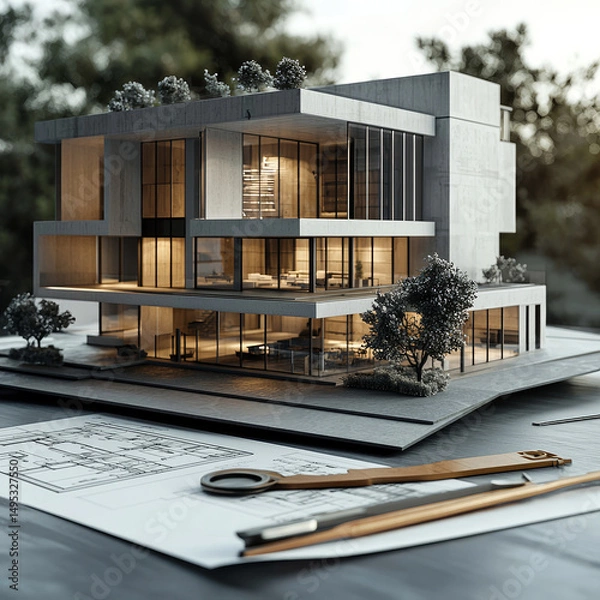 Fototapeta Modern mini architectural model of a luxury house with glass walls and warm lighting, displayed on a desk with blueprints and design tools. Realestate background.