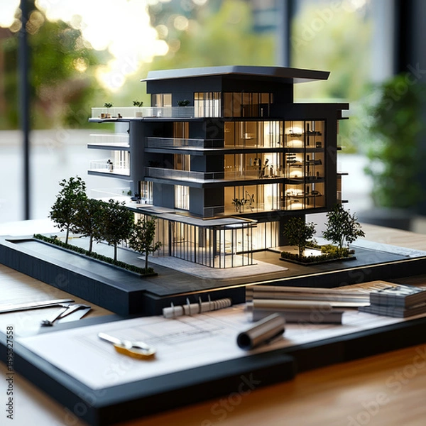 Fototapeta Modern mini architectural model of a luxury house with glass walls and warm lighting, displayed on a desk with blueprints and design tools. Realestate background.
