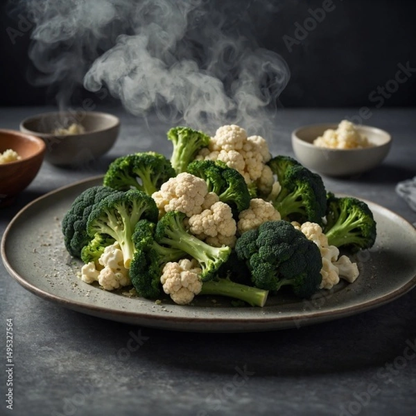 Obraz "A close-up shot of freshly steamed broccoli and cauliflower florets on a ceramic plate, soft steam rising, minimal background with a focus on texture and natural colors"