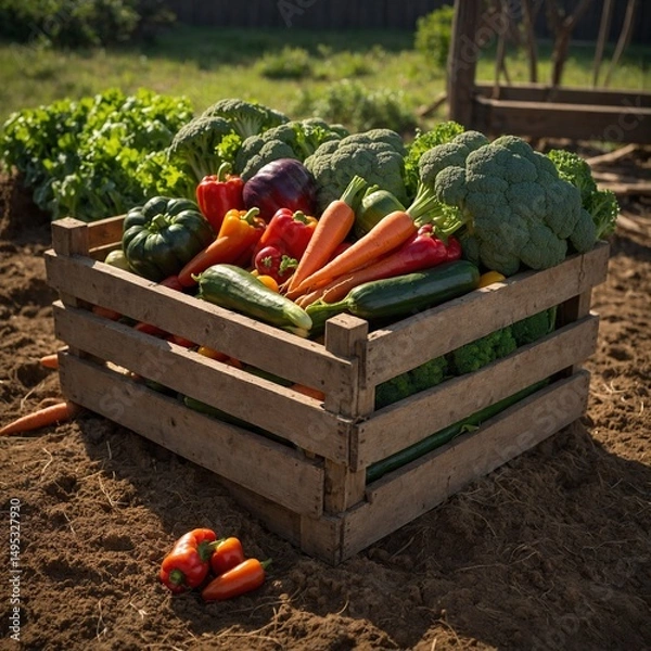 Obraz "A wooden crate filled with organic vegetables including carrots, broccoli, zucchini, and bell peppers, placed outdoors on a farm table, dirt on the roots, natural lighting highlighting their colors a
