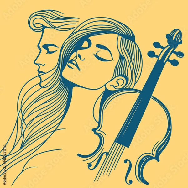 Obraz Two figures intertwined with the elegant curves of a violin. Vector illustration capturing the elegance and passion of a classical musician. Musical Harmony.