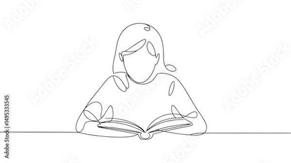Fototapeta girl reading a book  vector illustration simple one line drawing
