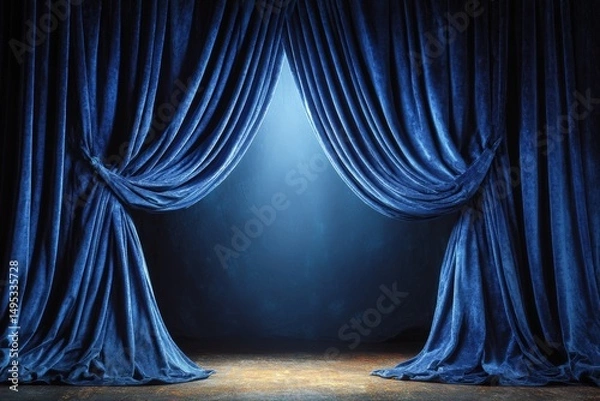 Fototapeta Curtains parting to reveal a stage illuminated by soft blue light in a theater setting