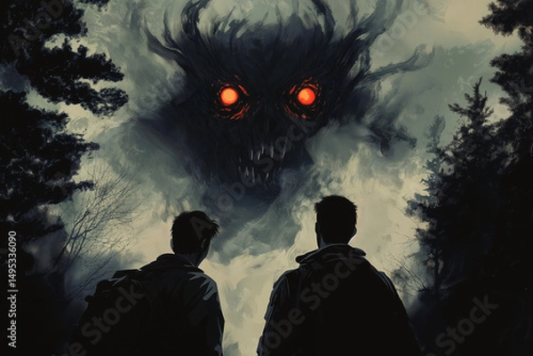 Fototapeta Close-up: two men, seen from behind, standing in the middle of a mountain forest, with a monster, a wendigo with glowing red eyes, in the background.