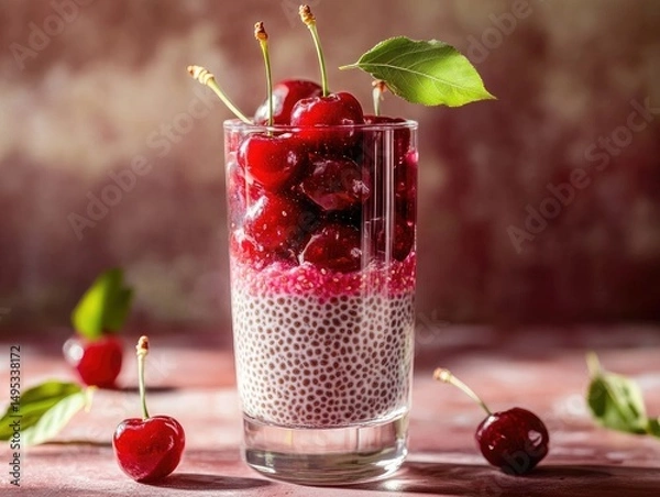 Obraz Cherry and chia seed dessert showcases vibrant colors and fresh flavors in a transparent glass