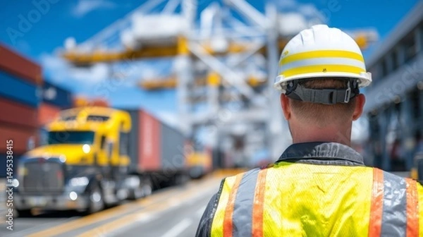Fototapeta A border patrol officer is stopping trucks at a customs checkpoint, which is limiting international trade and hindering global business